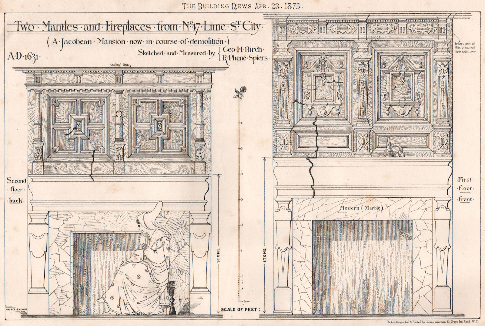 Jacobean mantle/fireplace, 47, Lime St., City. Geo. Birch, Phené Spiers 1875